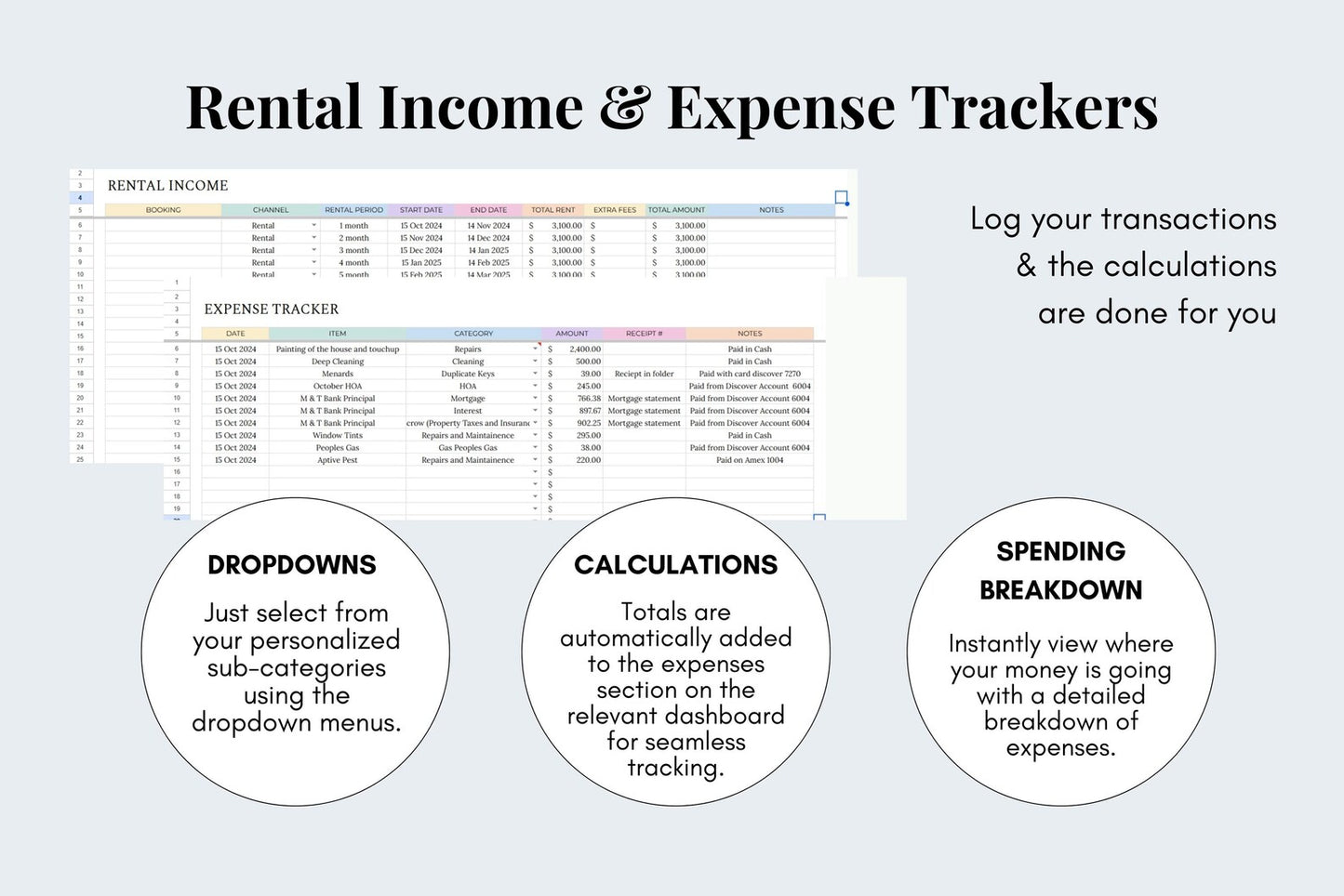 Rental Property Income & Expense Tracker - Google Sheets - 5 tabs