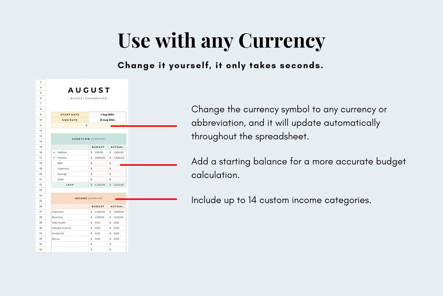 Simple Budget Tracker - Google Sheets - 1 tab