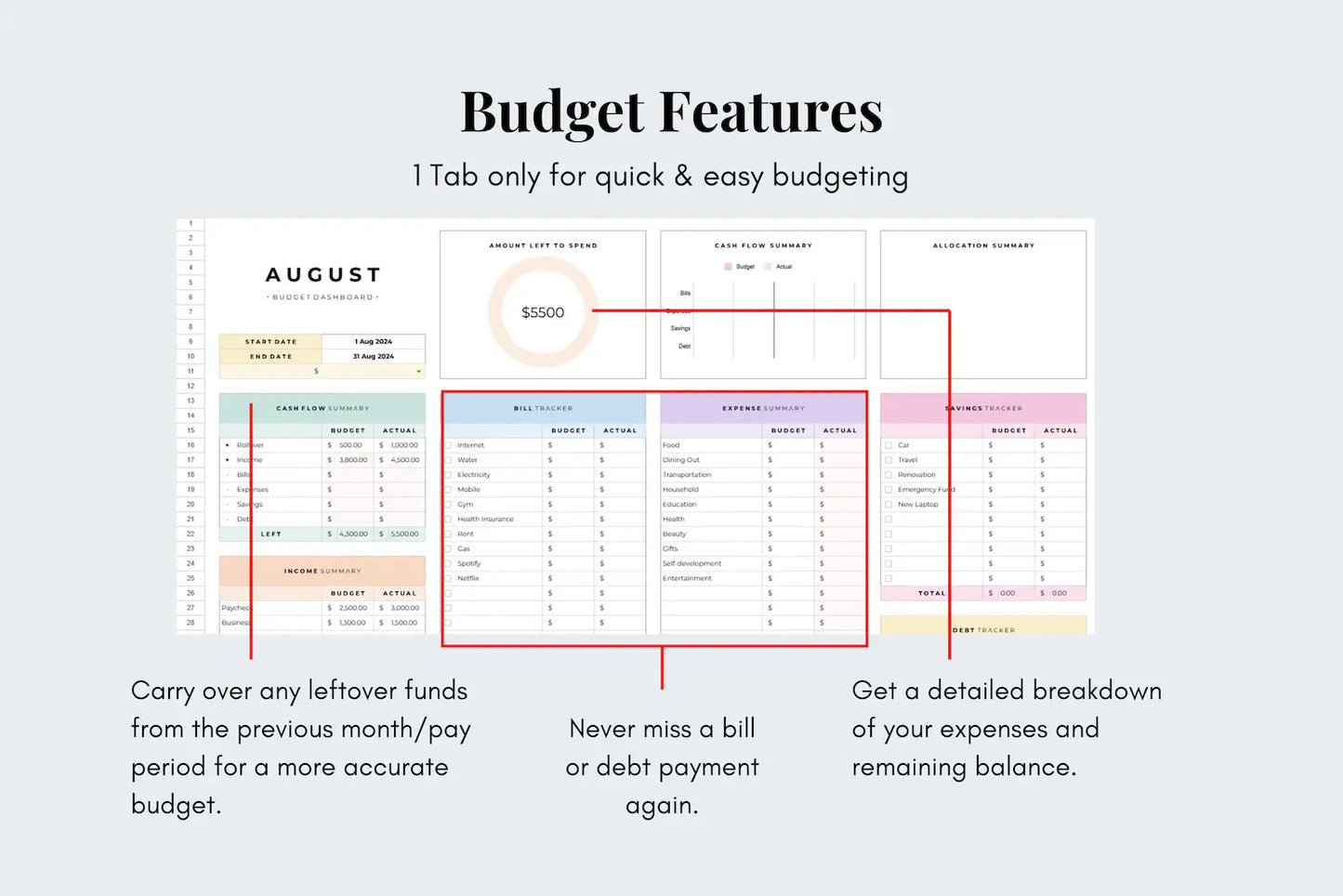 Simple Budget Tracker - Google Sheets - 1 tab