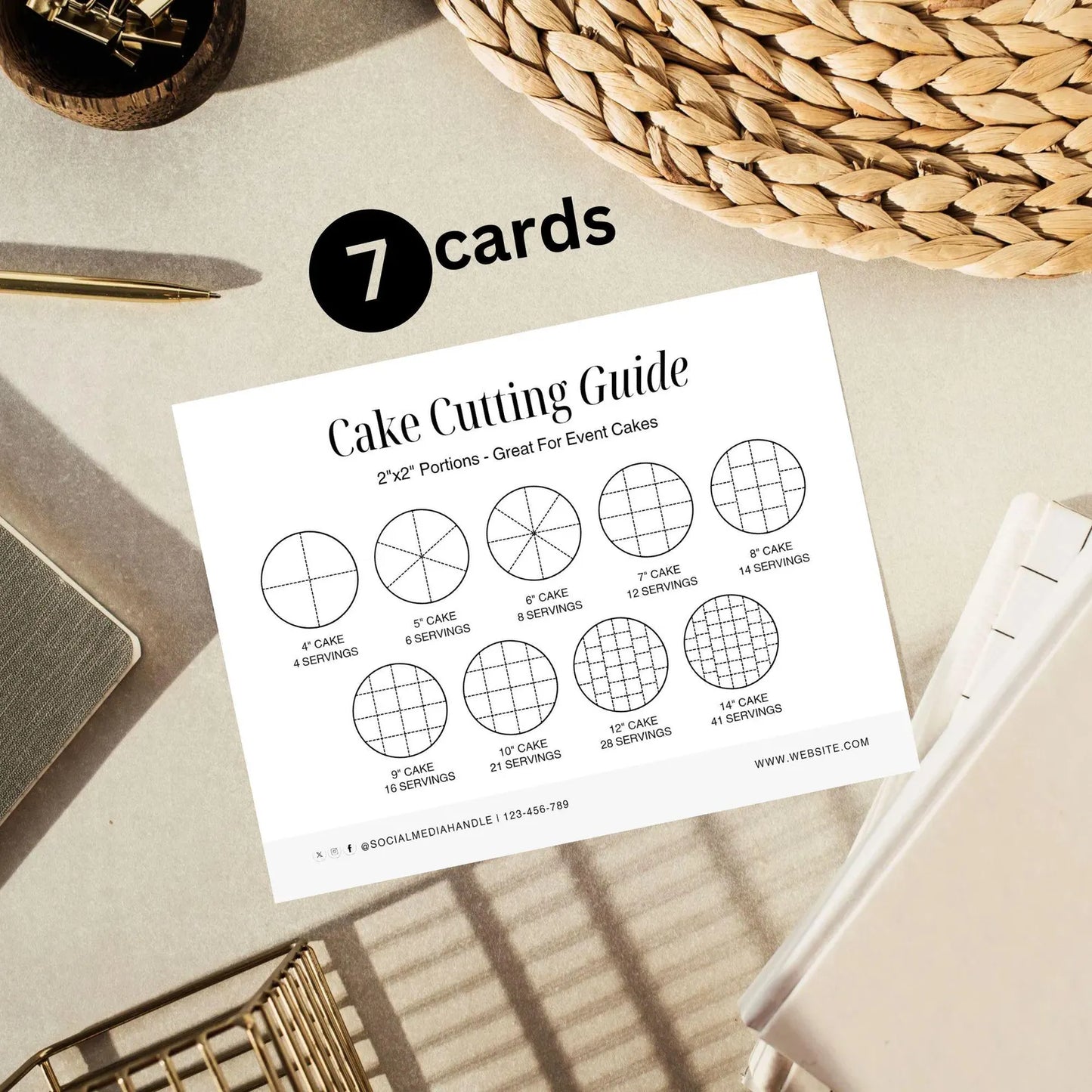 7 Minimalist Cake cutting guide Card Printable, Editable Canva Template, Bakery Small Business, 5.5*4.25 inch size