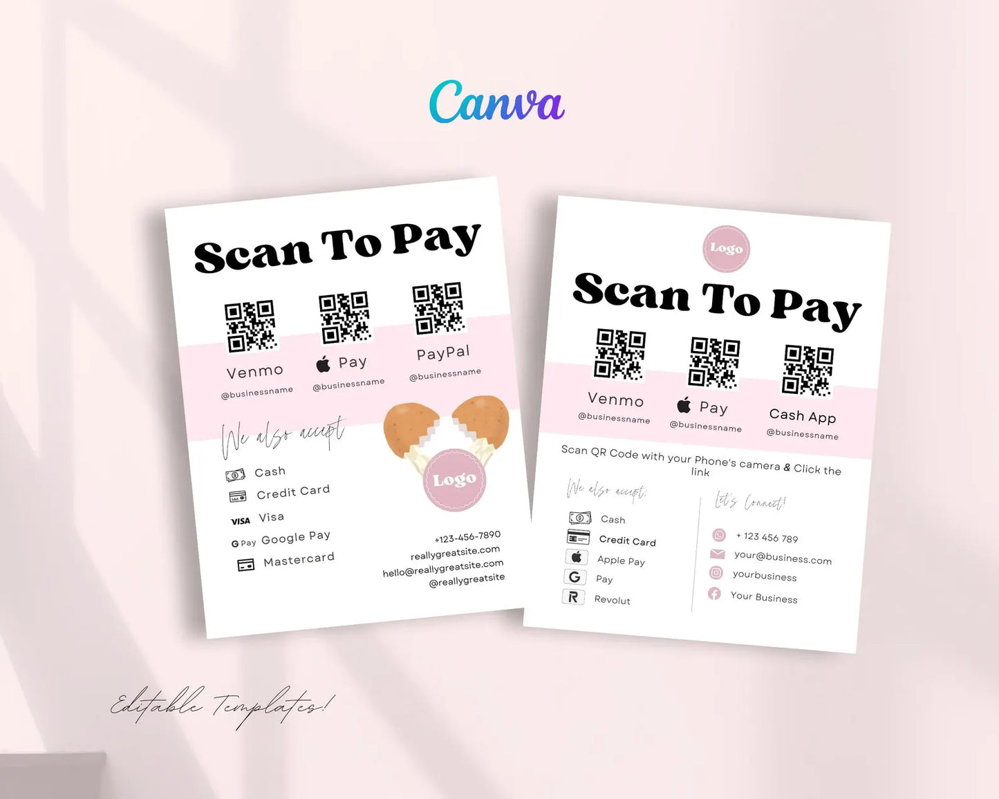 Scan to pay Forms Printable, Virtual tip jar, Leave us a review form, Pink Business signs, Editable Canva Template, Small Business