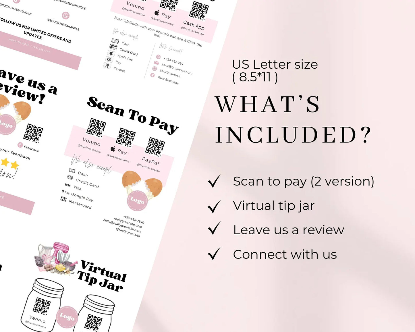 Scan to pay Forms Printable, Virtual tip jar, Leave us a review form, Pink Business signs, Editable Canva Template, Small Business