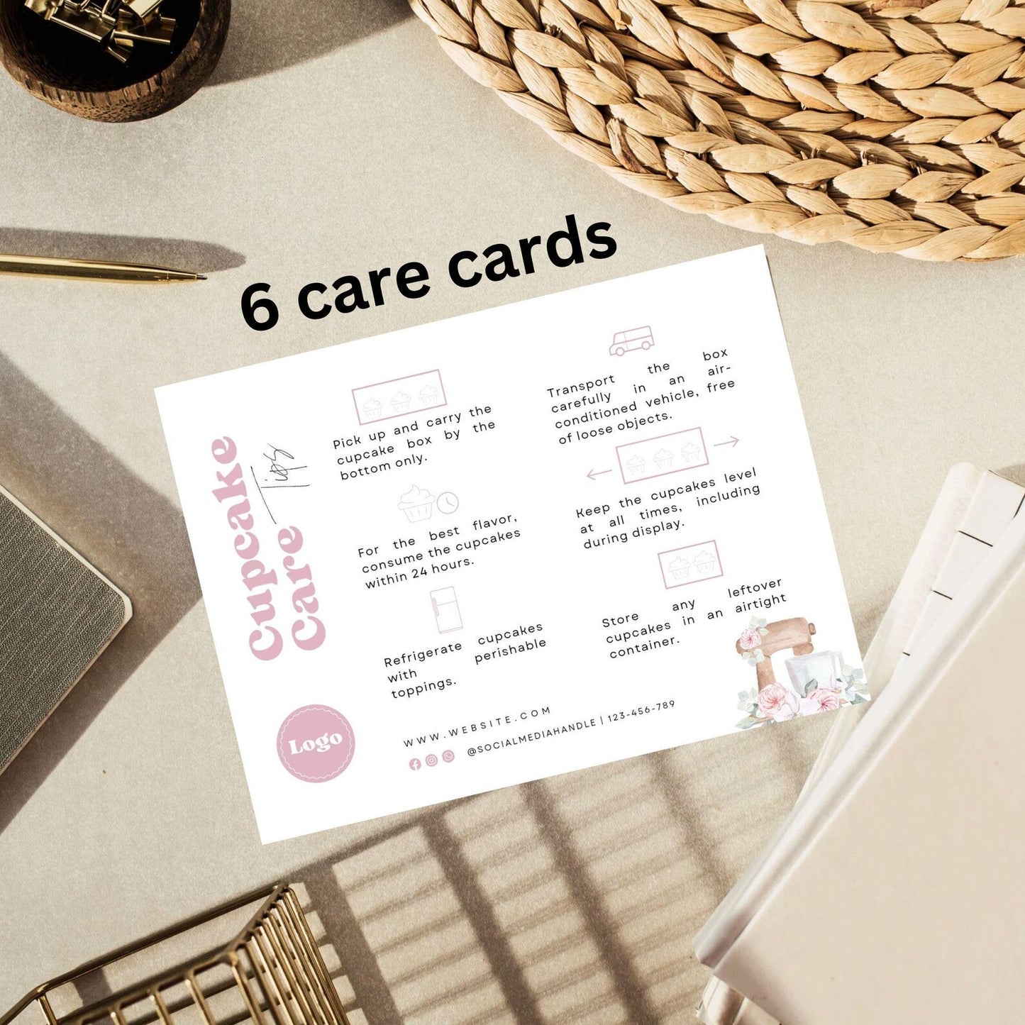 6 Dessert Pink Care Card Printable, Editable Canva Template, Bakery Small Business, 4*3 inch size