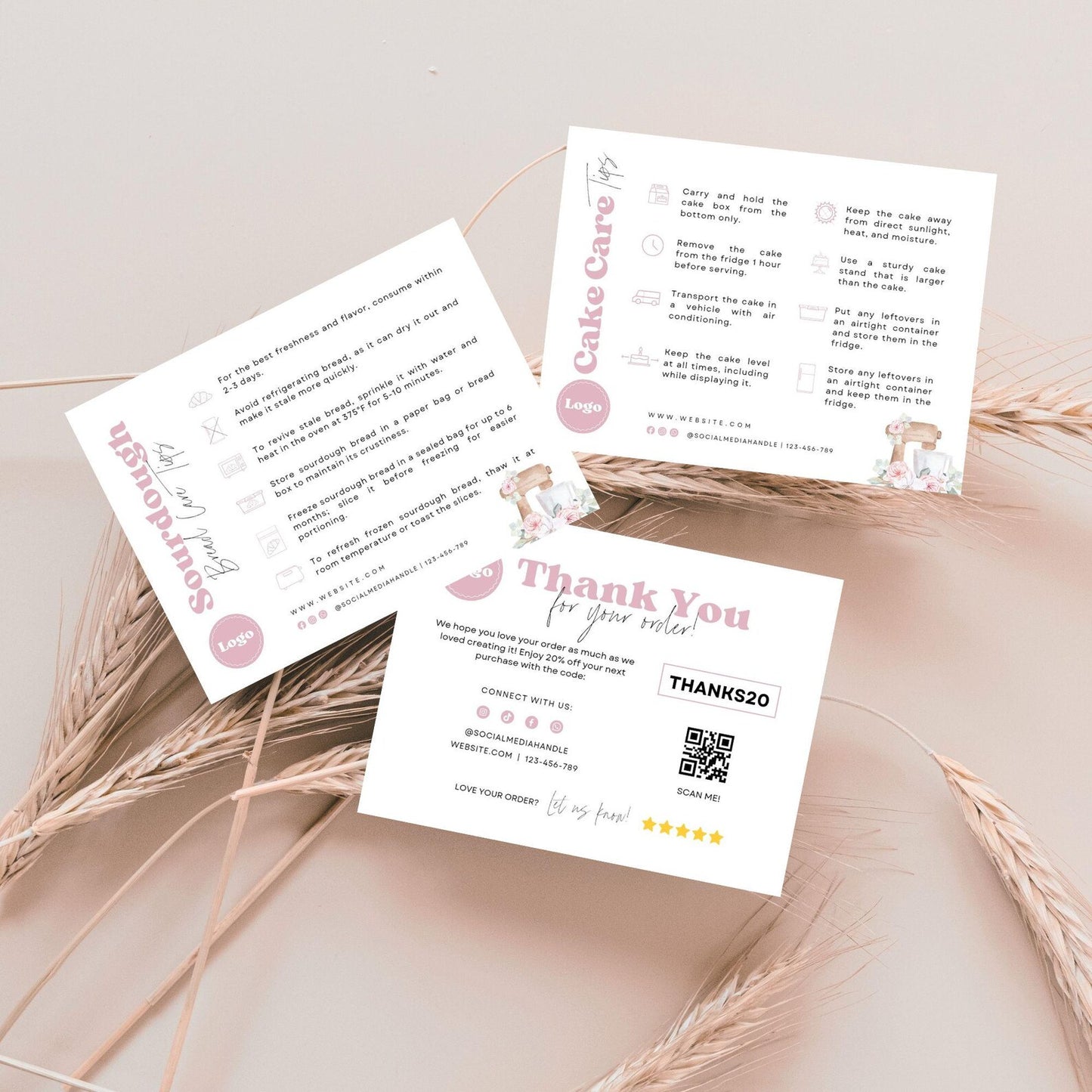 6 Dessert Pink Care Card Printable, Editable Canva Template, Bakery Small Business, 4*3 inch size