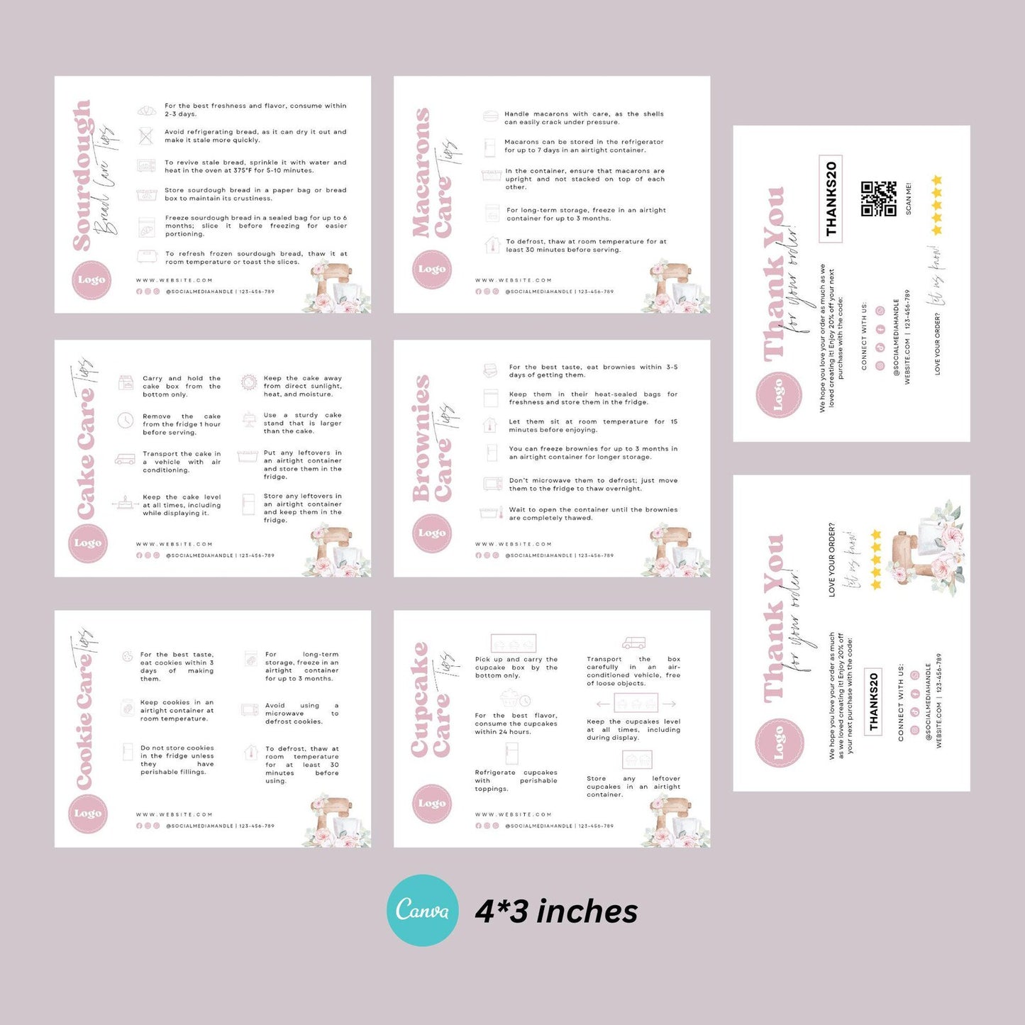 6 Dessert Pink Care Card Printable, Editable Canva Template, Bakery Small Business, 4*3 inch size