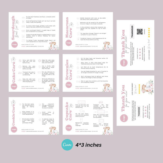 6 Dessert Pink Care Card Printable, Editable Canva Template, Bakery Small Business, 4*3 inch size