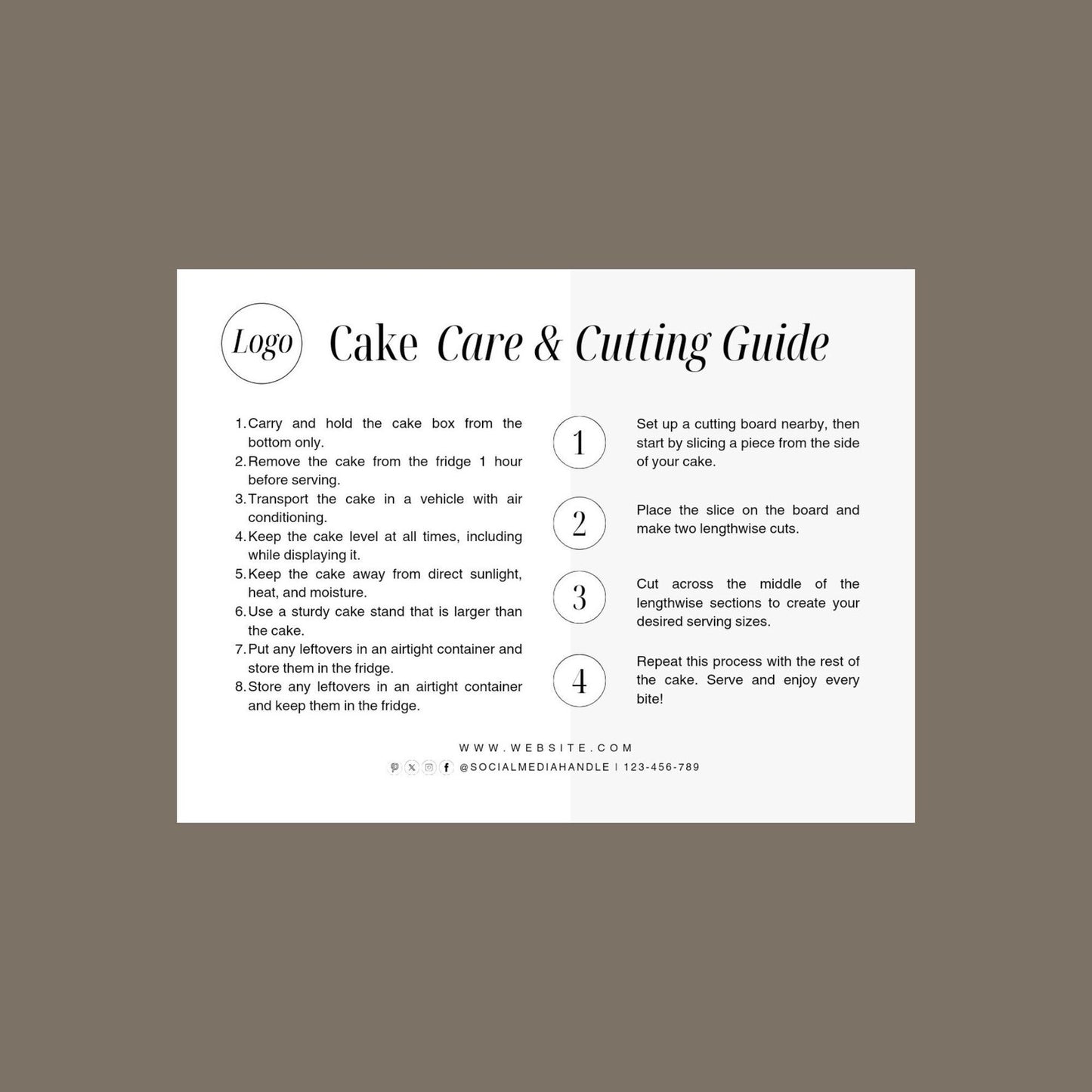 Cake Care Card Printable, Cake Cutting Guide, Editable Canva Template, Bakery Small Business, 4*3 inch size