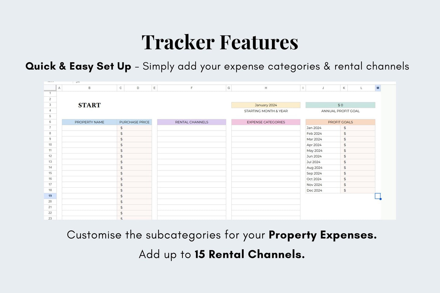 Rental Property Income & Expense Tracker - Google Sheets - 5 tabs