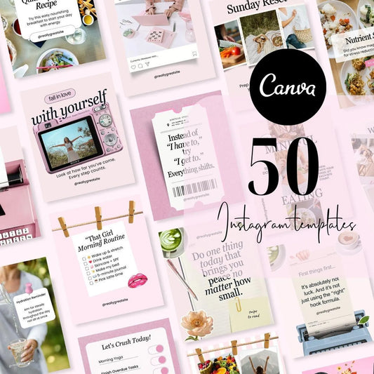 Wellness Coach Social Media Manager SMM Posts and Stories Instagram 30 day Marketing Digital Canva Pink Theme