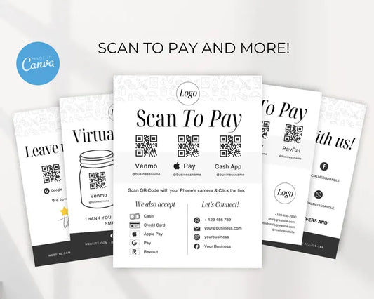 Scan to pay Forms Printable, Virtual tip jar, Leave us a review form, Business signs, Editable Canva Template