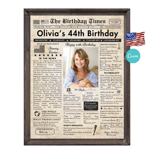 44th Birthday Vintage Brown Newspaper, EDITABLE Birthday Posters, Printable Newspaper Birthday Gifts, Canva