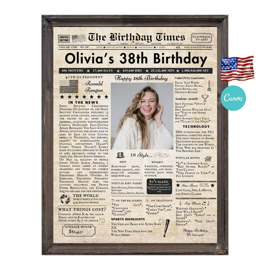 38th Birthday Vintage Brown Newspaper, EDITABLE Birthday Posters, Printable Newspaper Birthday Gifts, Canva