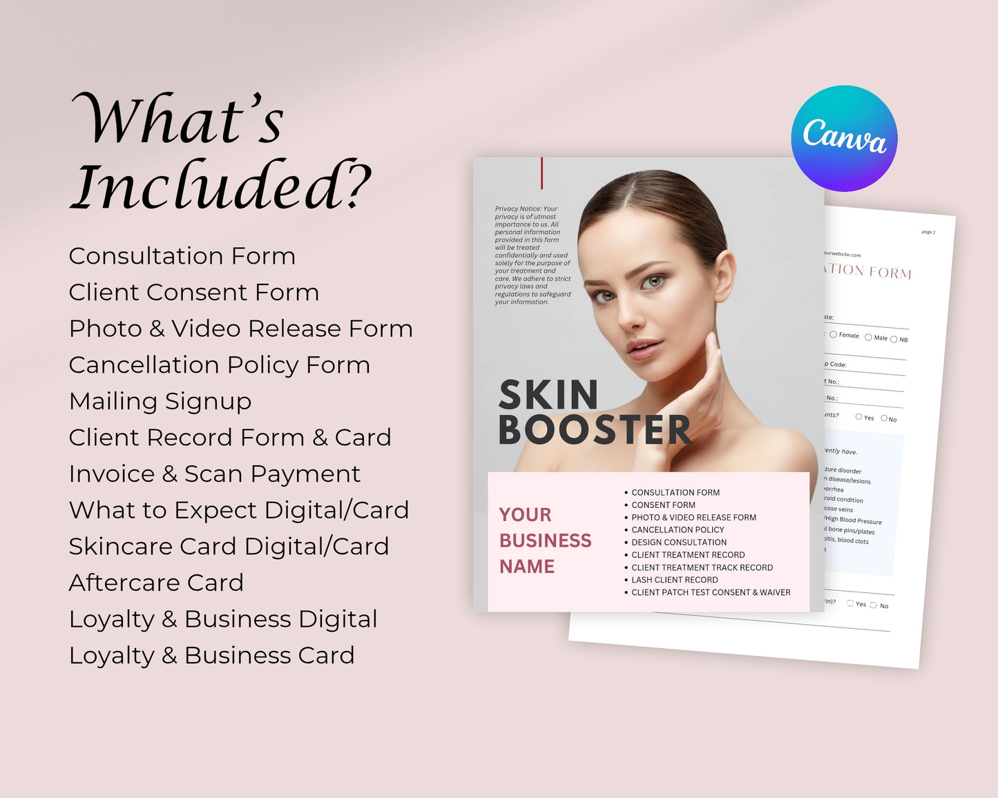 Skin Booster Form, Consultation form, Client consent form, Loyalty Card, Business Card, Editable Canva templates, Aftercare Card