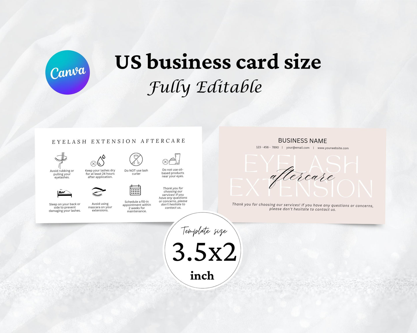 Eyelash Extensions Care Card, Aftercare Card, Edit in Canva