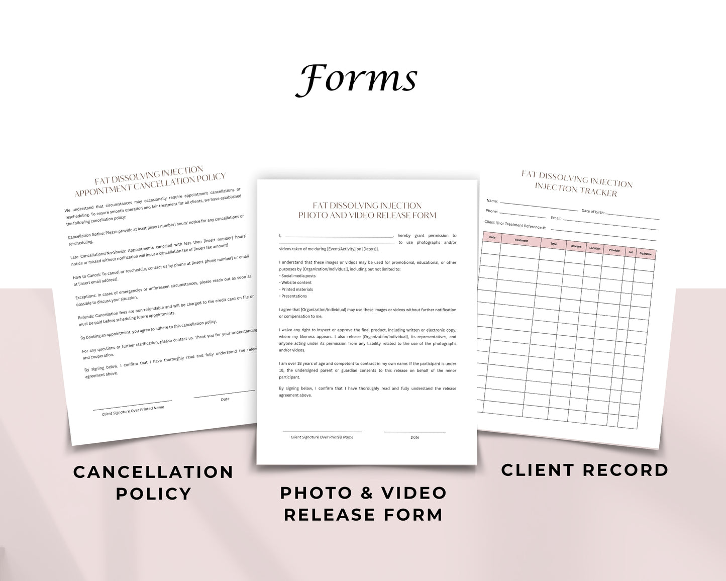 Fat Dissolving Injection Form, Consultation form, Client consent form, Loyalty Card, Business Card, Editable Canva templates, Aftercare Card