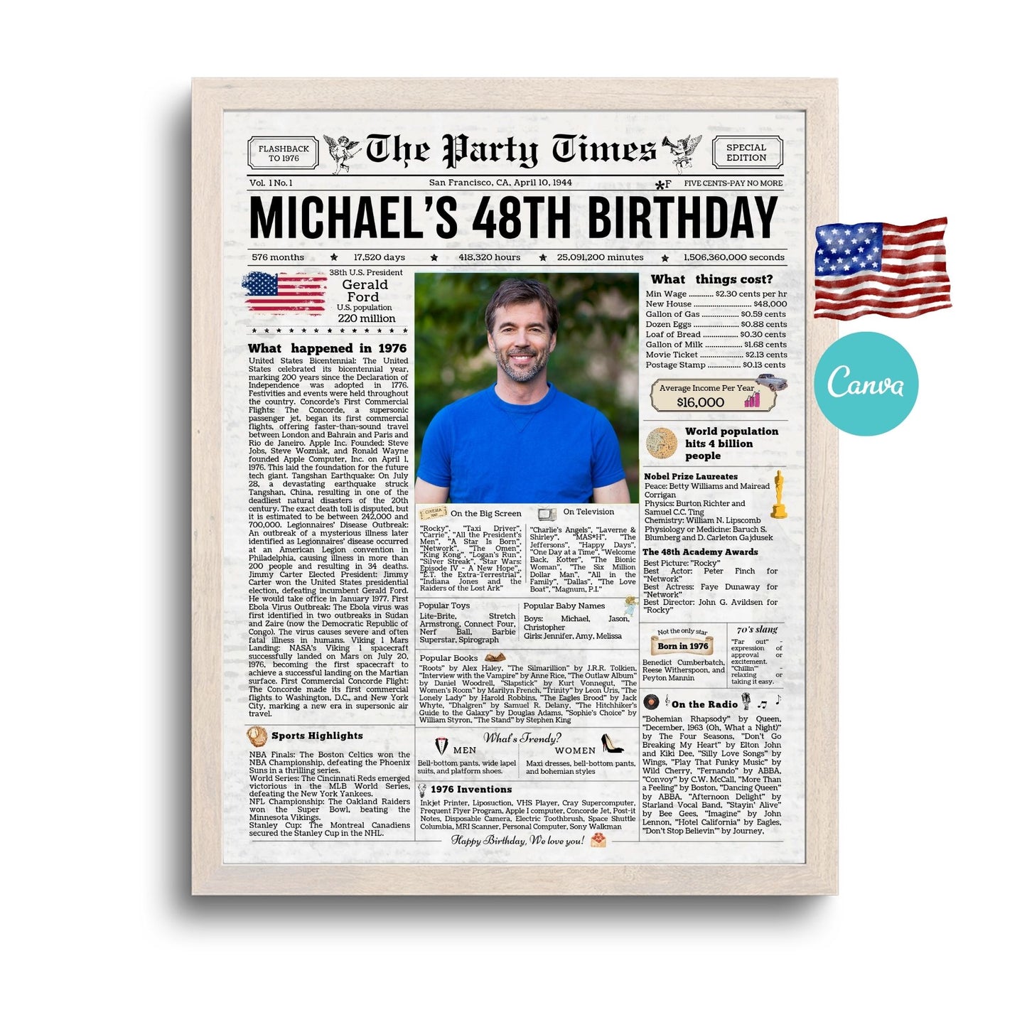 48th Birthday Vintage Newspaper, EDITABLE Birthday Posters, Printable Newspaper Birthday Gifts, Canva