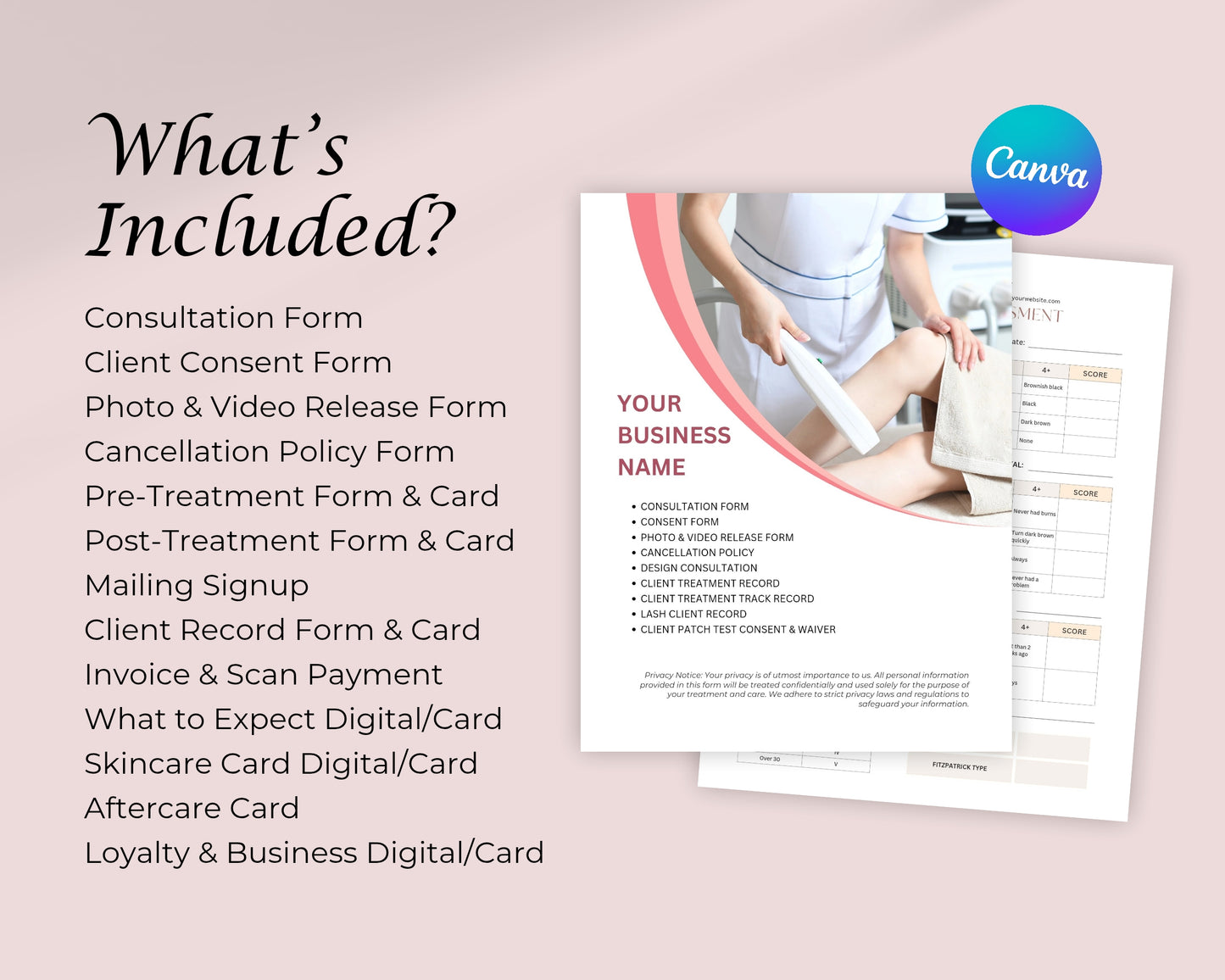 Laser Hair Removal Form, Consultation form, Client consent form, Loyalty Card, Business Card, Editable Canva templates, Aftercare Card