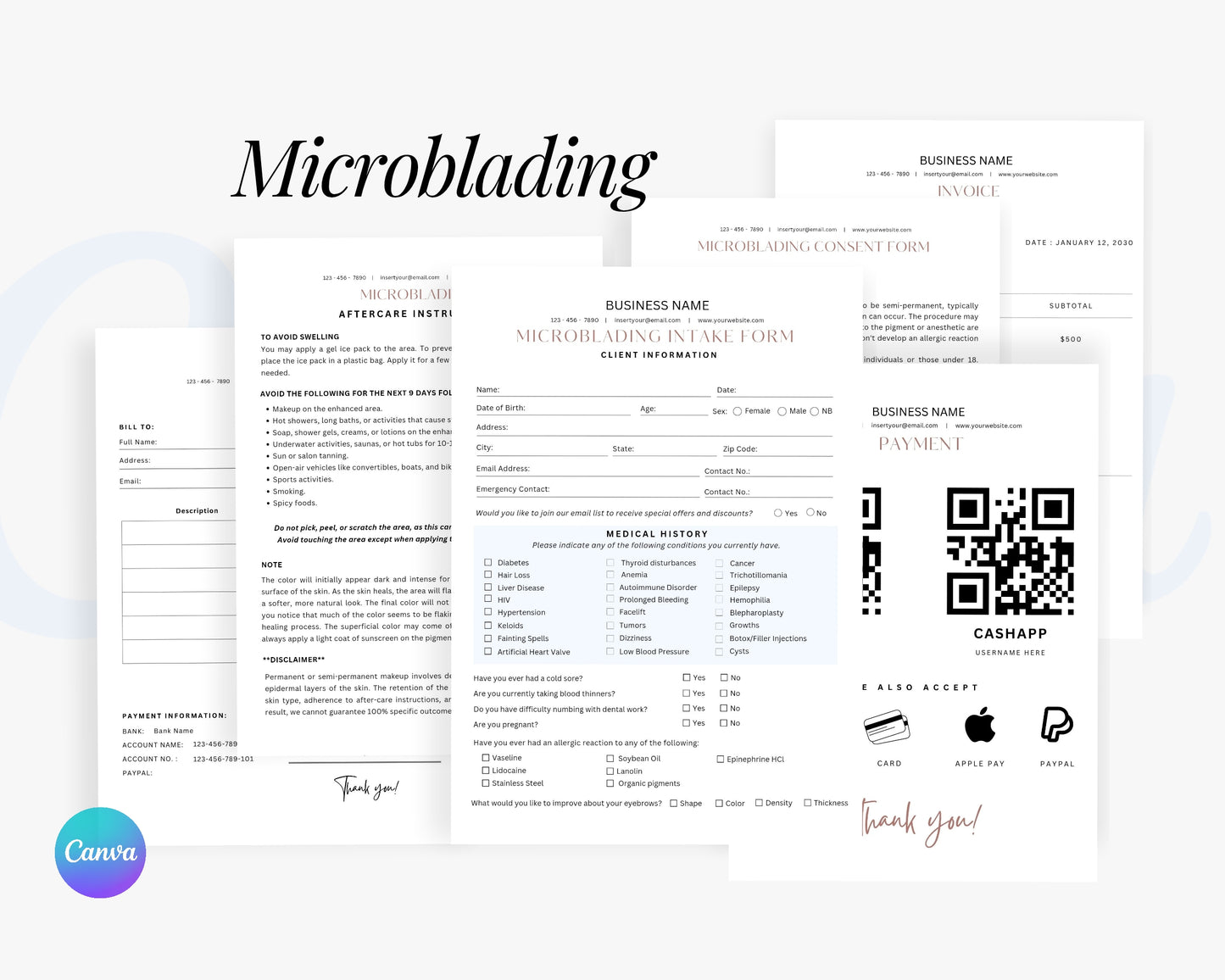 Microblading Form, Consultation form, Client consent form, Editable Canva templates