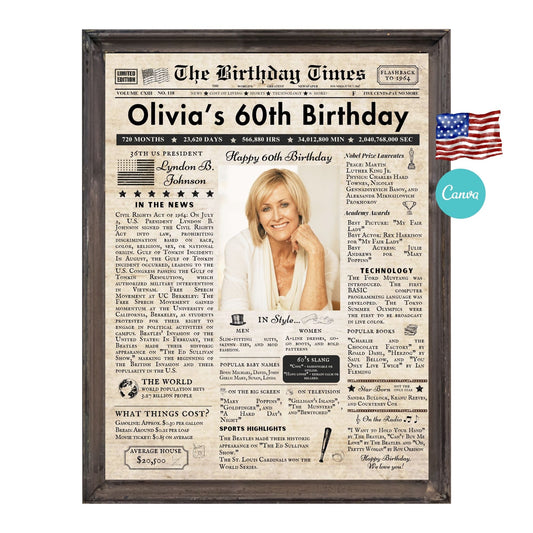 60th Birthday Vintage Brown Newspaper, EDITABLE Birthday Posters, Printable Newspaper Birthday Gifts, Canva