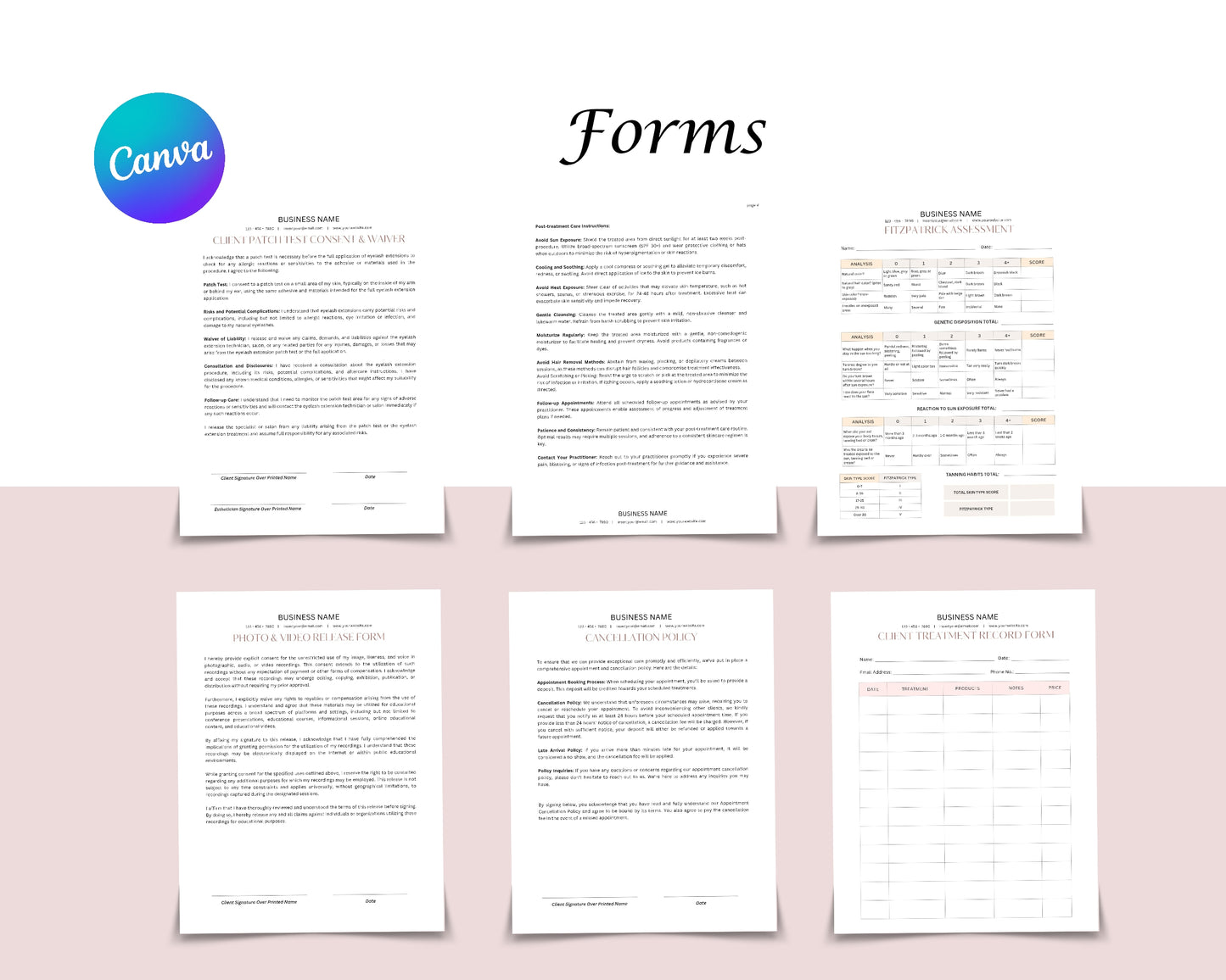 Laser Hair Removal Form, Consultation form, Client consent form, Loyalty Card, Business Card, Editable Canva templates, Aftercare Card