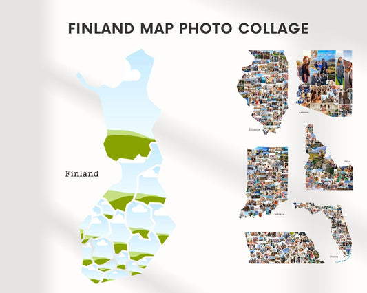 EDITABLE Finland Map Photo Collage, 18 Photos, Map Wall Art, CANVA, Digital