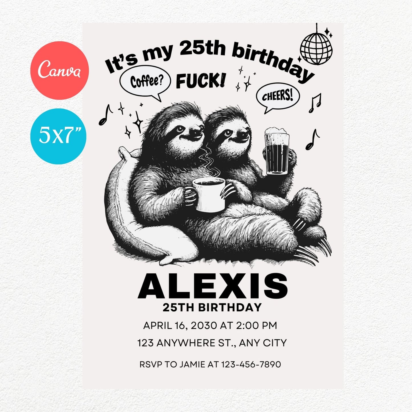 Coffee Cheers Sloths Funny Birthday Party Invitation