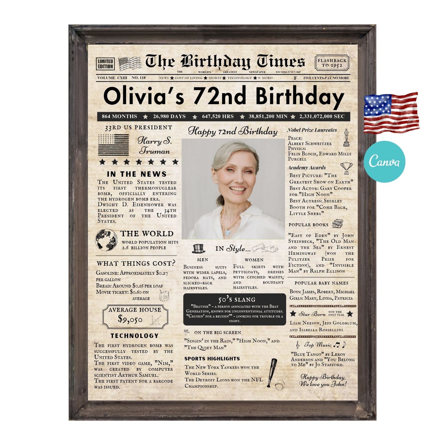 72nd Birthday Vintage Brown Newspaper, EDITABLE Birthday Posters, Printable Newspaper Birthday Gifts, Canva