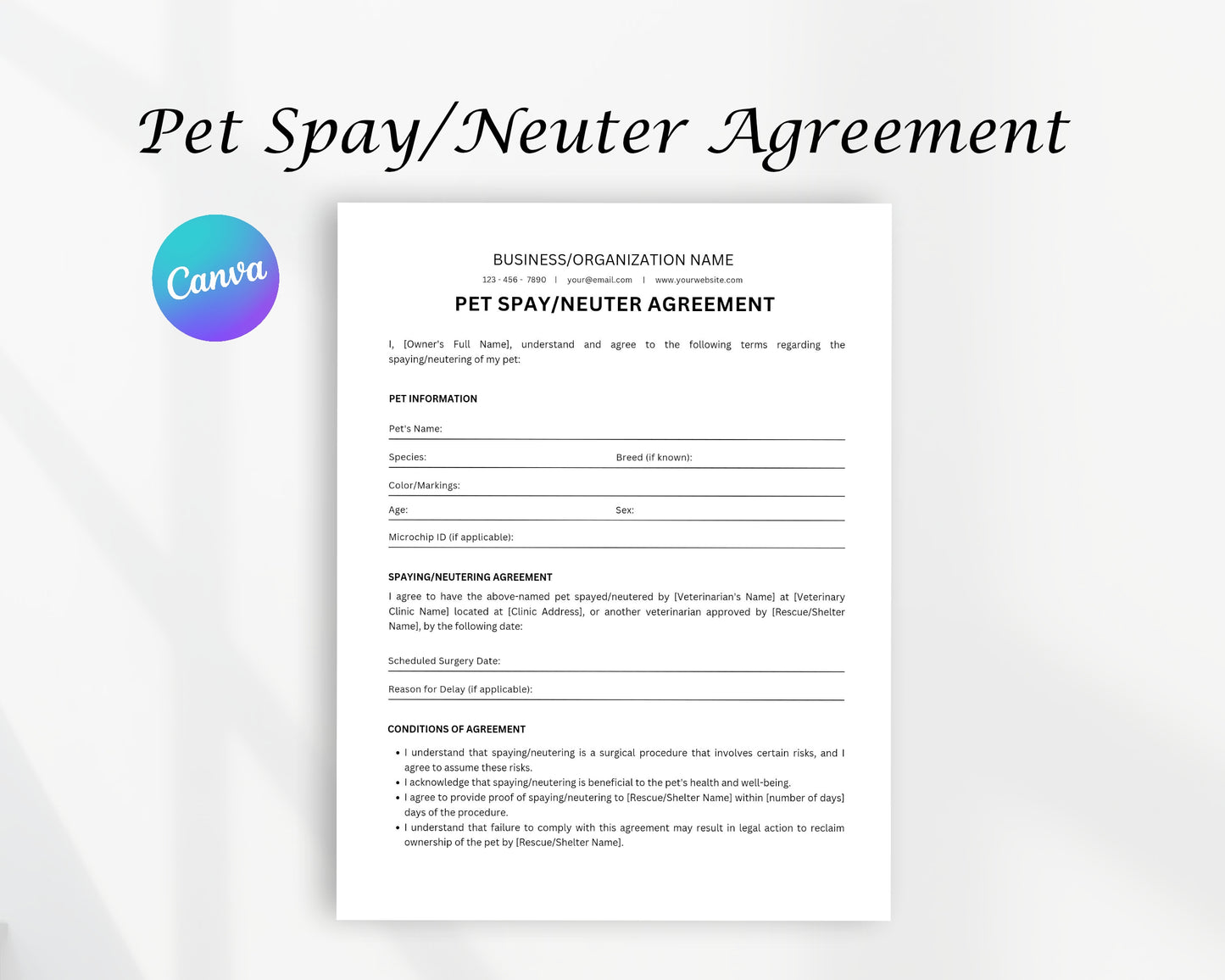 Pet Spay or Pet Neuter Agreement Printable Form, Edit in Canva, Digital