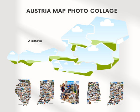 EDITABLE Austria Map Photo Collage, 9 Photos, Map Wall Art, CANVA, Digital