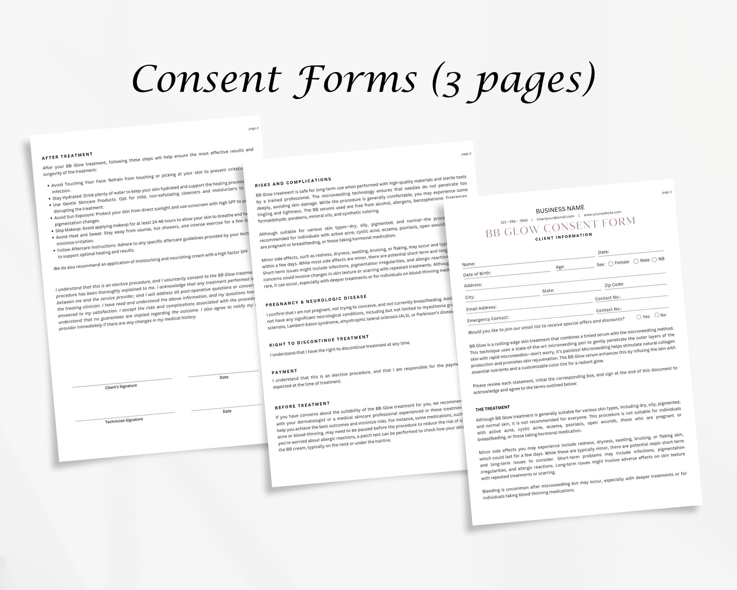 BB Glow Form, Consultation form, Client consent form, Loyalty Card, Business Card, Editable Canva templates, Aftercare Card