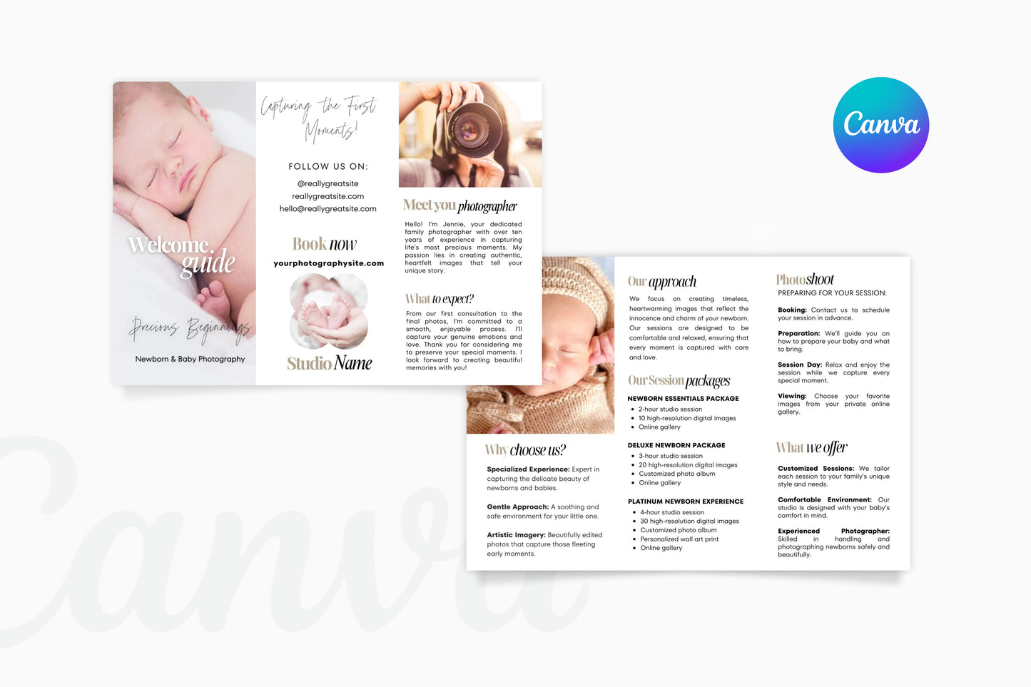 Photography Trifold Flyer Template, Welcome Packet Guide, Newborn, Edit in Canva - PTD3