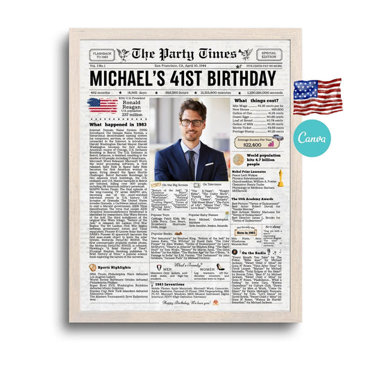 41st Birthday Vintage Newspaper, EDITABLE Birthday Posters, Printable Newspaper Birthday Gifts, Canva