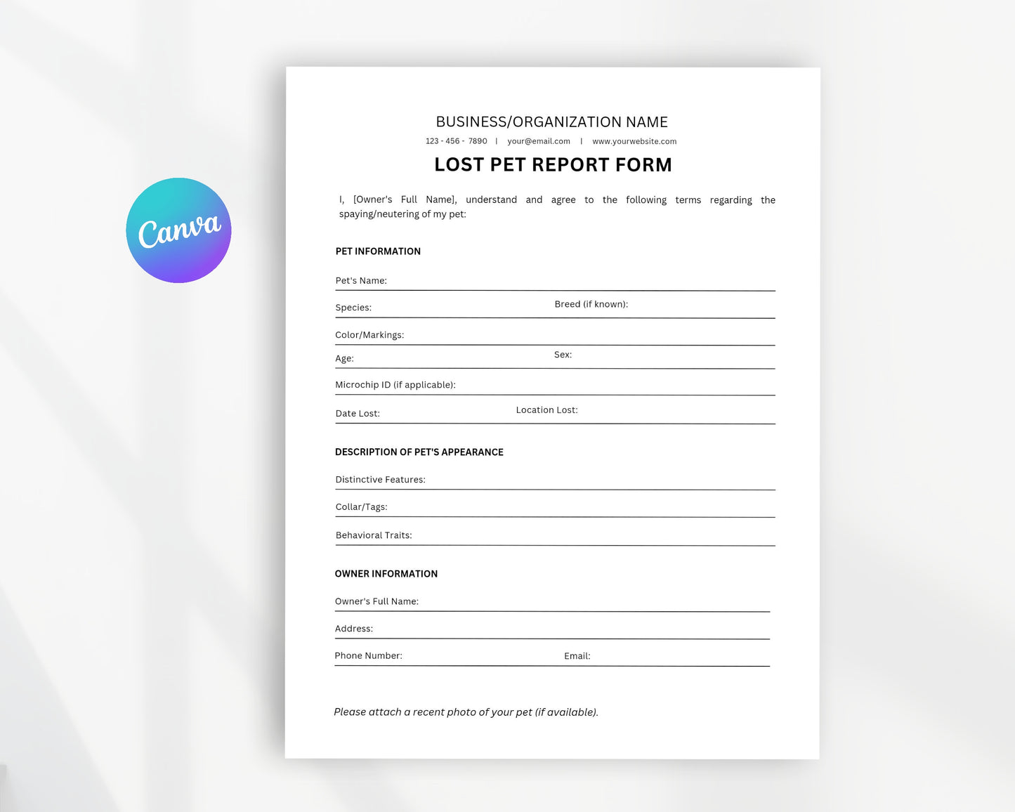 Lost Pet Report Printable Form, Edit in Canva, Digital