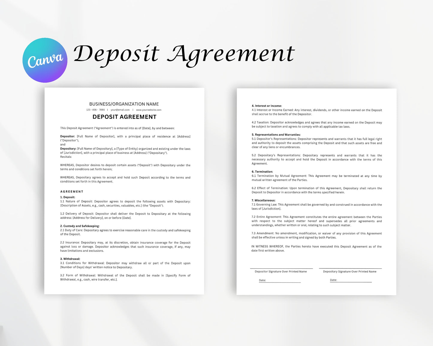 Deposit Agreement Printable Form, Edit in Canva, Digital