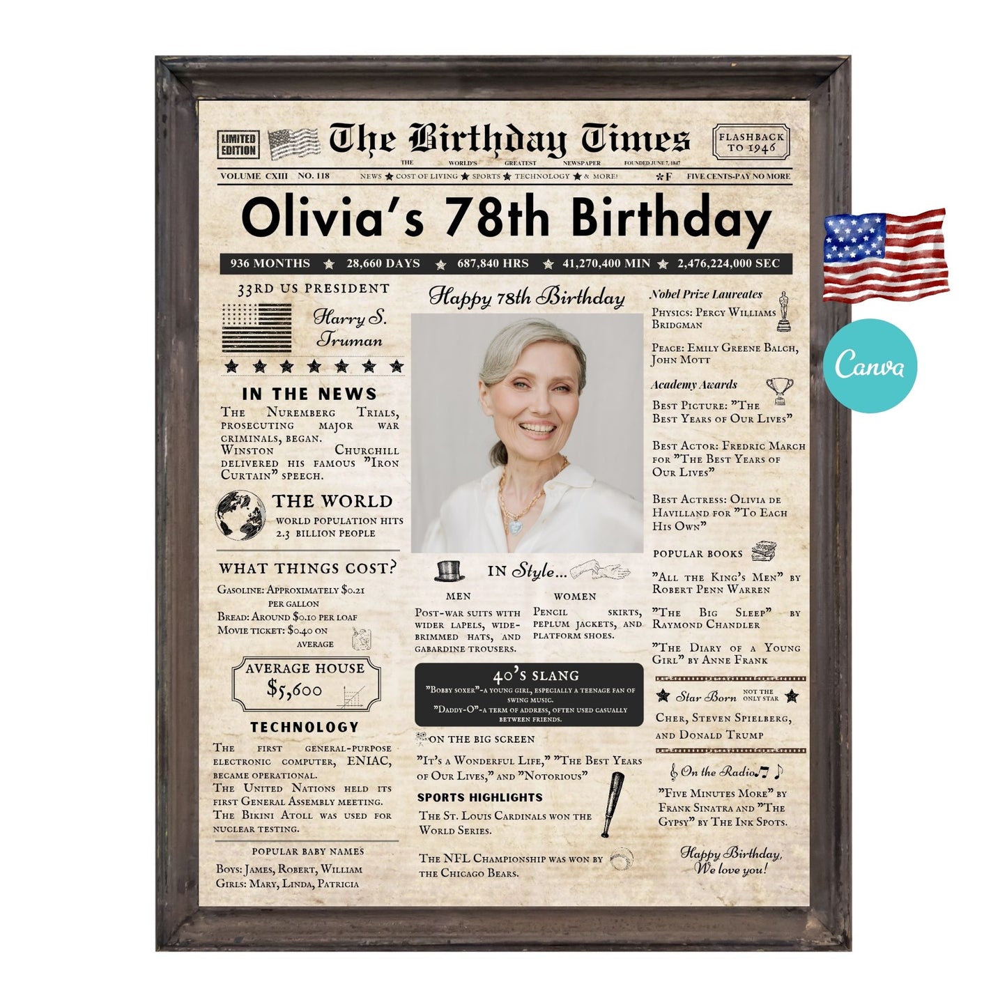 78th Birthday Vintage Brown Newspaper, EDITABLE Birthday Posters, Printable Newspaper Birthday Gifts, Canva