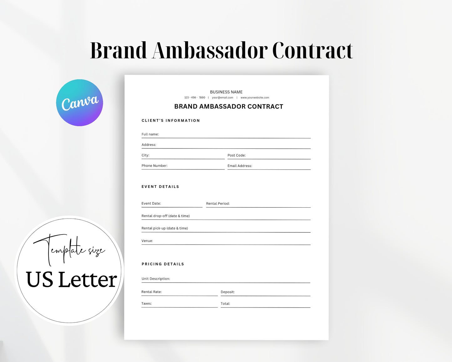 Brand Ambassador Contract Printable Form, Edit in Canva, Digital