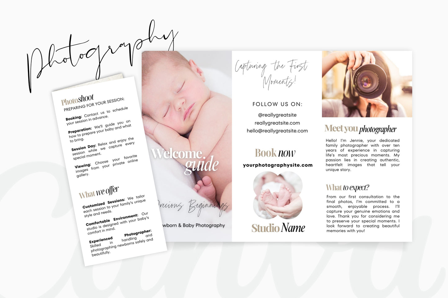 Photography Trifold Flyer Template, Welcome Packet Guide, Newborn, Edit in Canva - PTD2