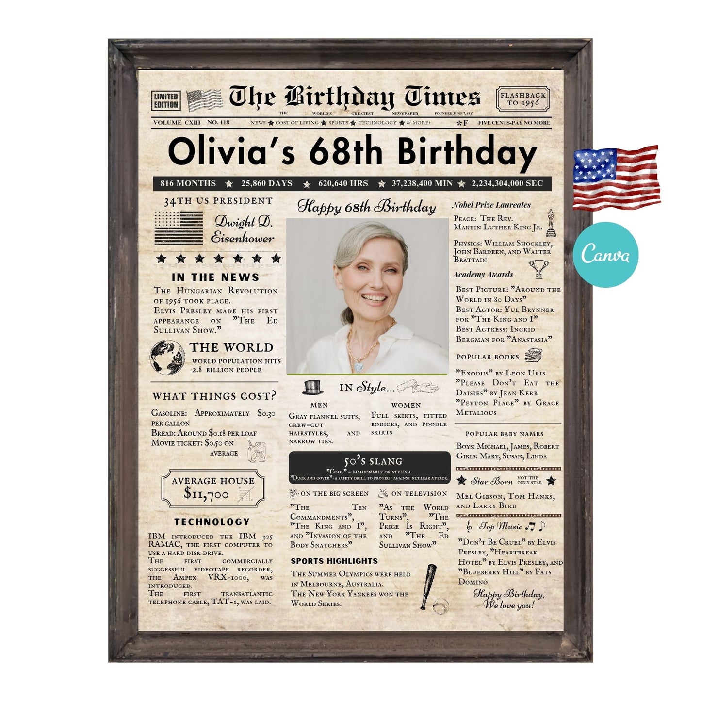 68th Birthday Vintage Brown Newspaper, EDITABLE Birthday Posters, Printable Newspaper Birthday Gifts, Canva