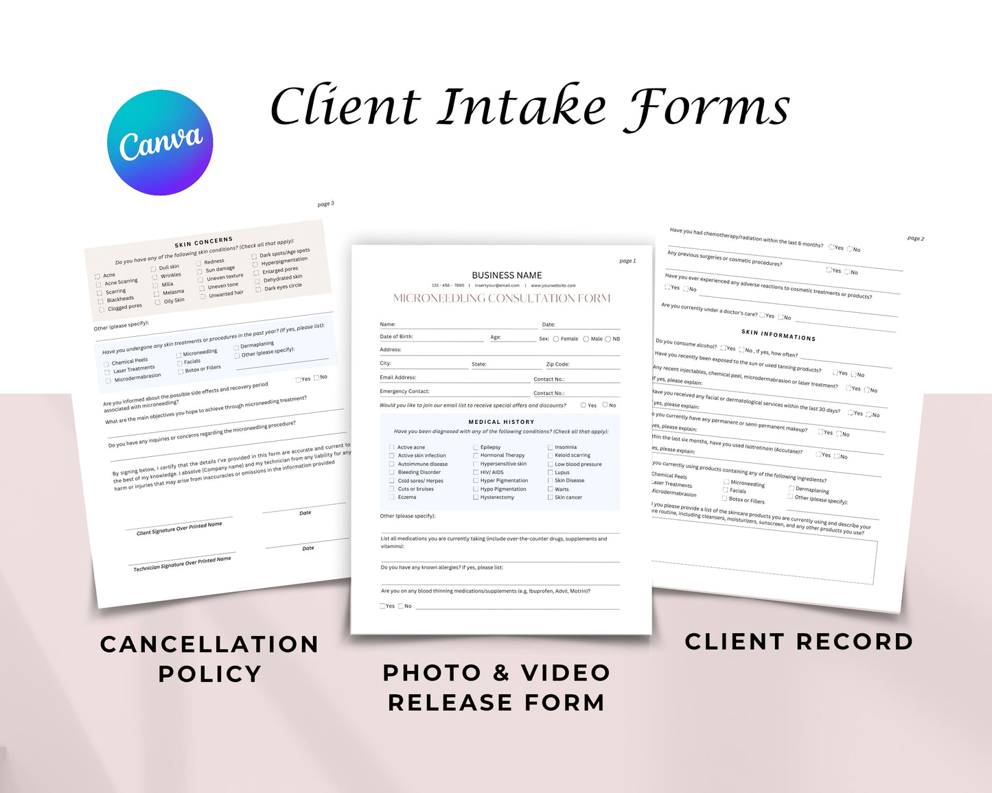 Microneedling Form, Consultation form, Client consent form, Loyalty Card, Business Card, Editable Canva templates, Aftercare Card