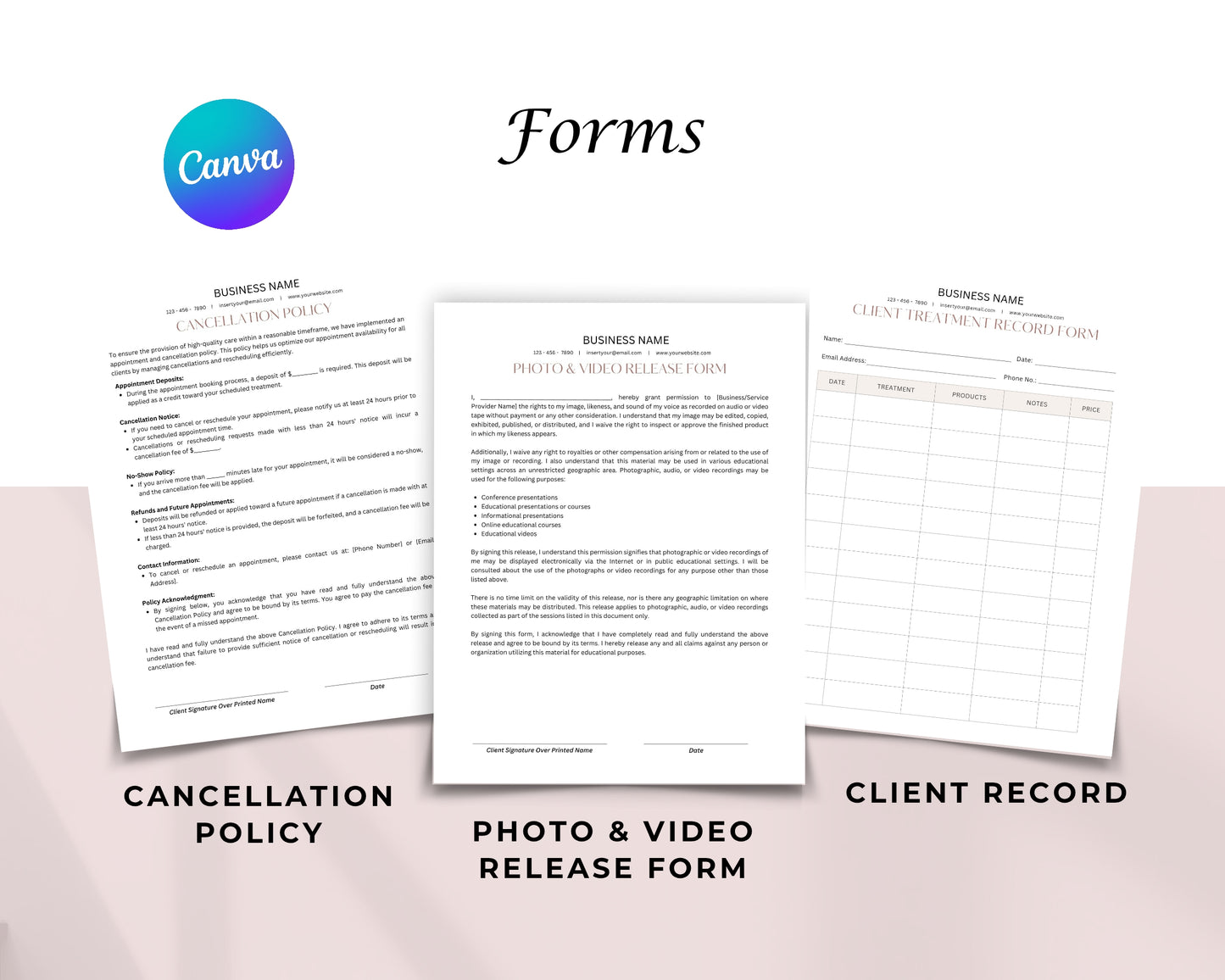 Body Sculpting Form, Consultation form, Client consent form, Loyalty Card, Business Card, Editable Canva templates, Aftercare Card