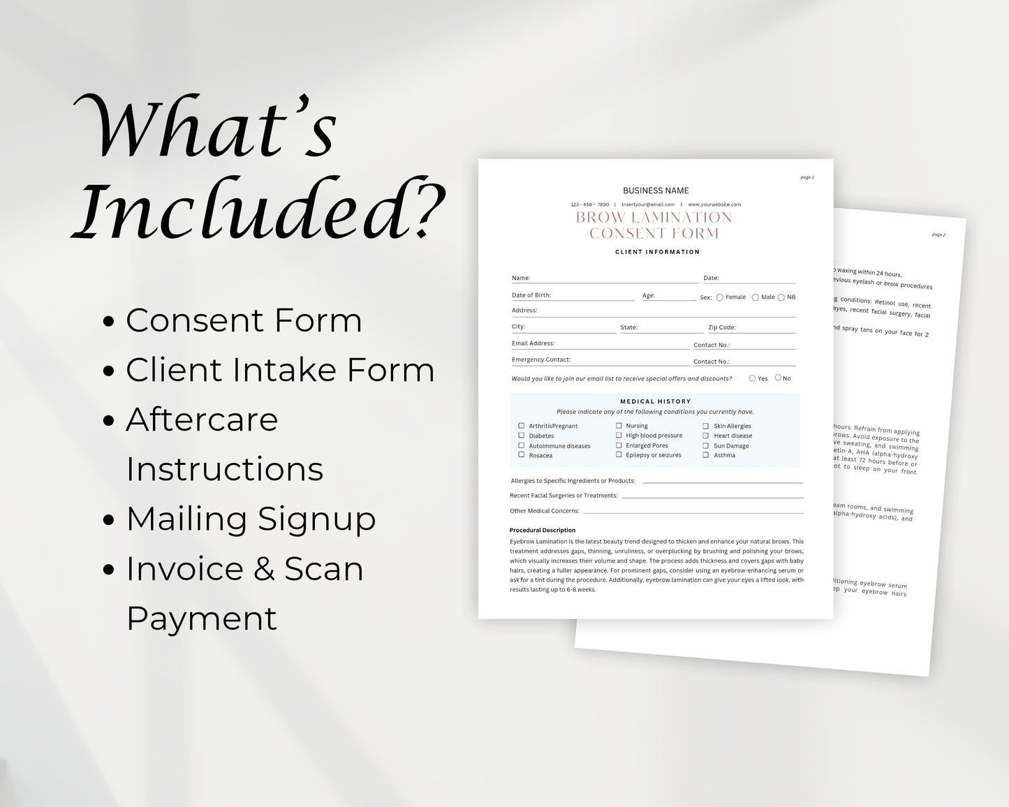 Brow Lamination Form, Consultation form, Client consent form, Editable Canva templates