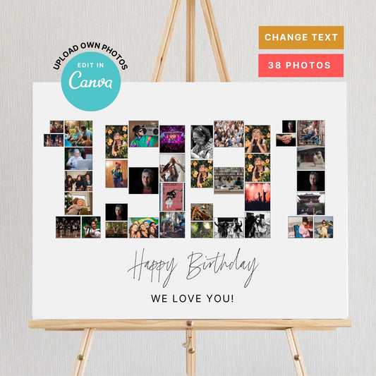 EDITABLE 1991 Photo Collage, 34th Birthday, Photo Collage Gift, Number Collage, CANVA