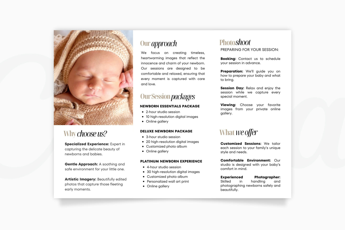 Photography Trifold Flyer Template, Welcome Packet Guide, Newborn, Edit in Canva - PTD2