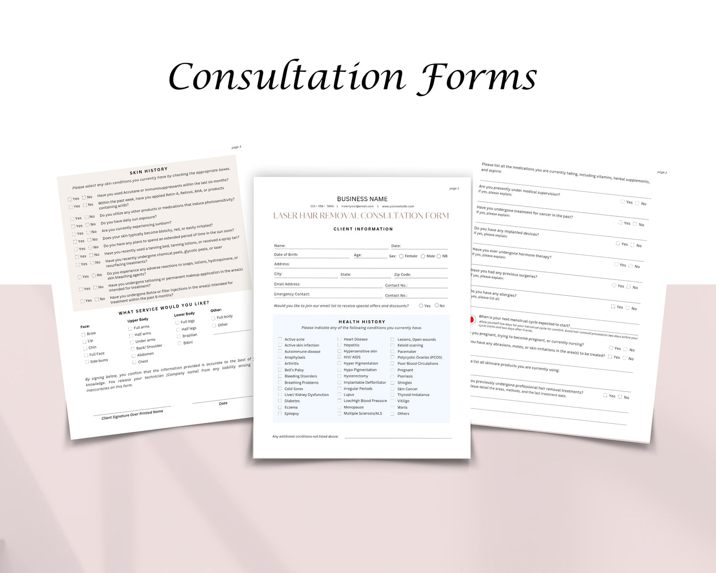 Laser Hair Removal Form, Consultation form, Client consent form, Loyalty Card, Business Card, Editable Canva templates, Aftercare Card