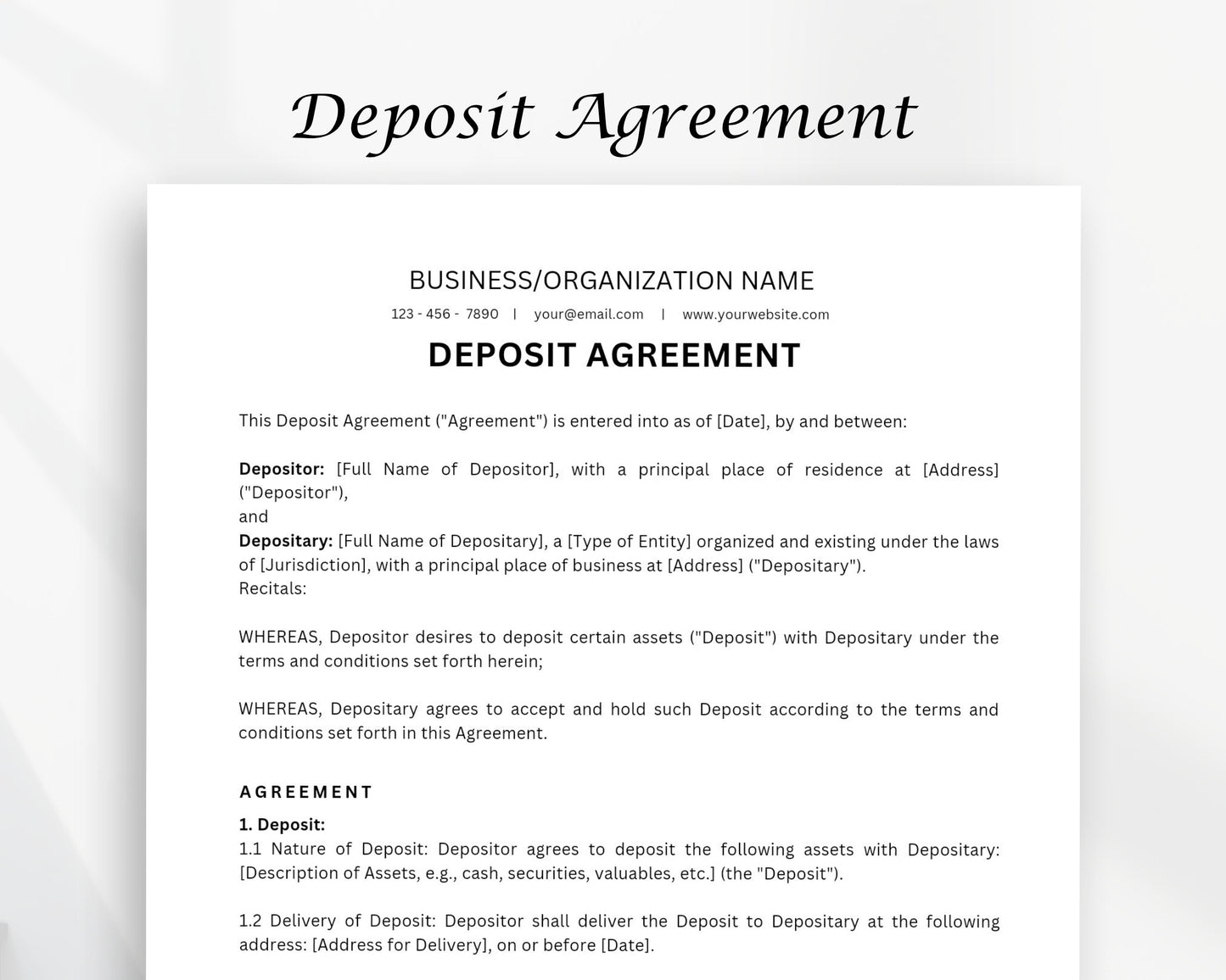 Deposit Agreement Printable Form, Edit in Canva, Digital