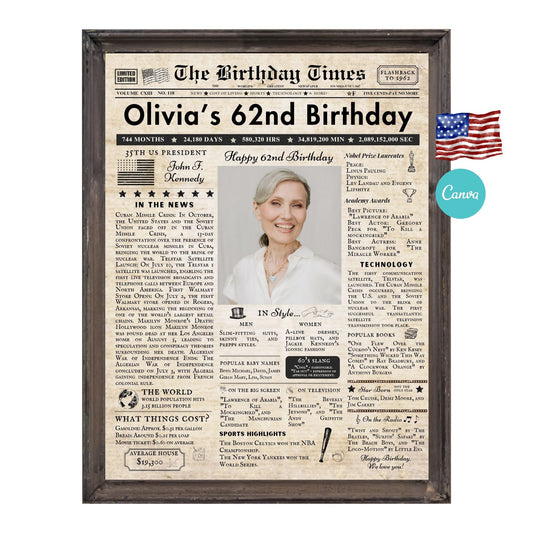 62nd Birthday Vintage Brown Newspaper, EDITABLE Birthday Posters, Printable Newspaper Birthday Gifts, Canva