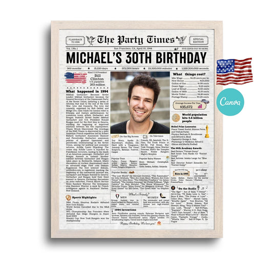 30th Birthday Vintage Newspaper, EDITABLE Birthday Posters, Printable Newspaper Birthday Gifts, Canva