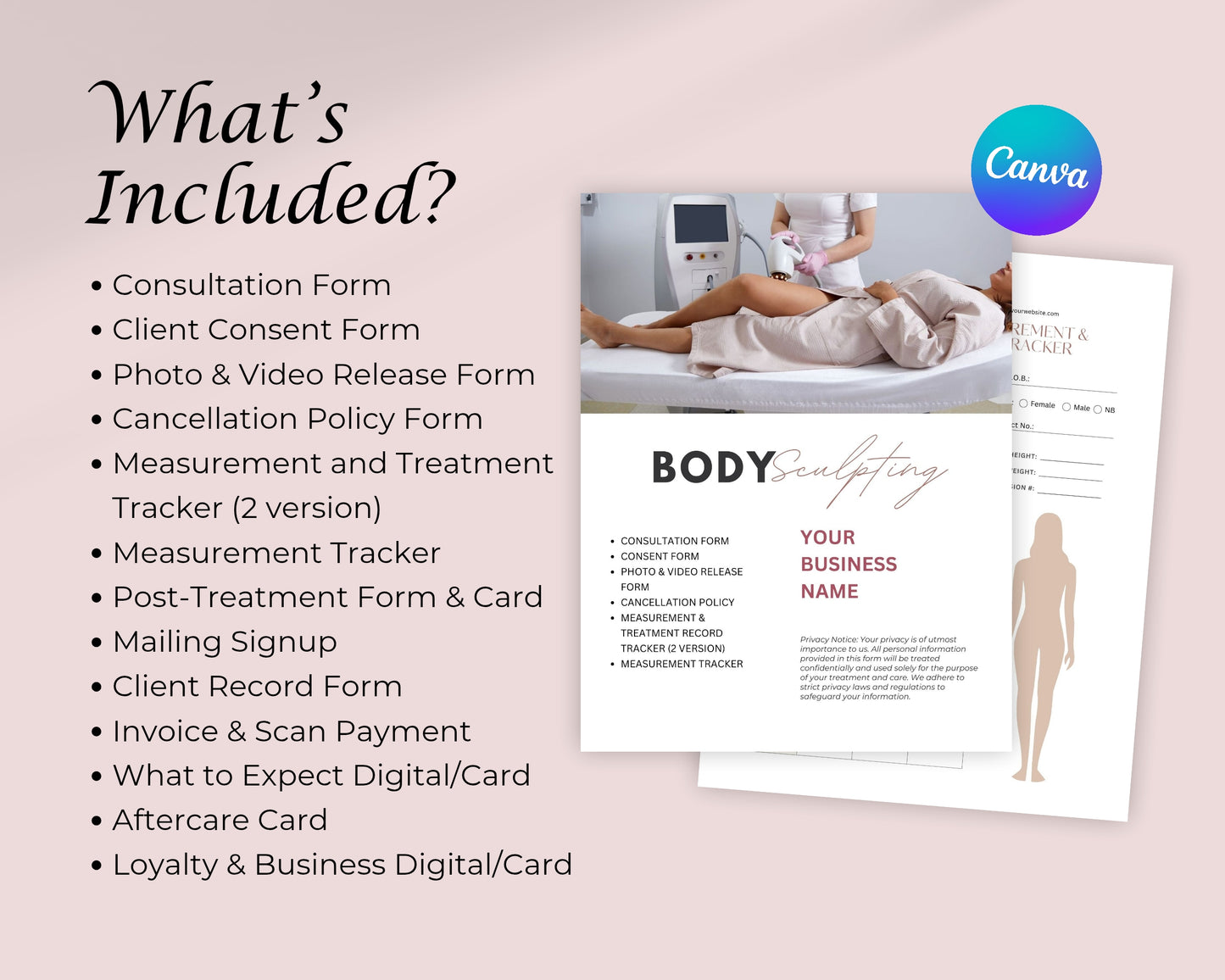 Body Sculpting Form, Consultation form, Client consent form, Loyalty Card, Business Card, Editable Canva templates, Aftercare Card