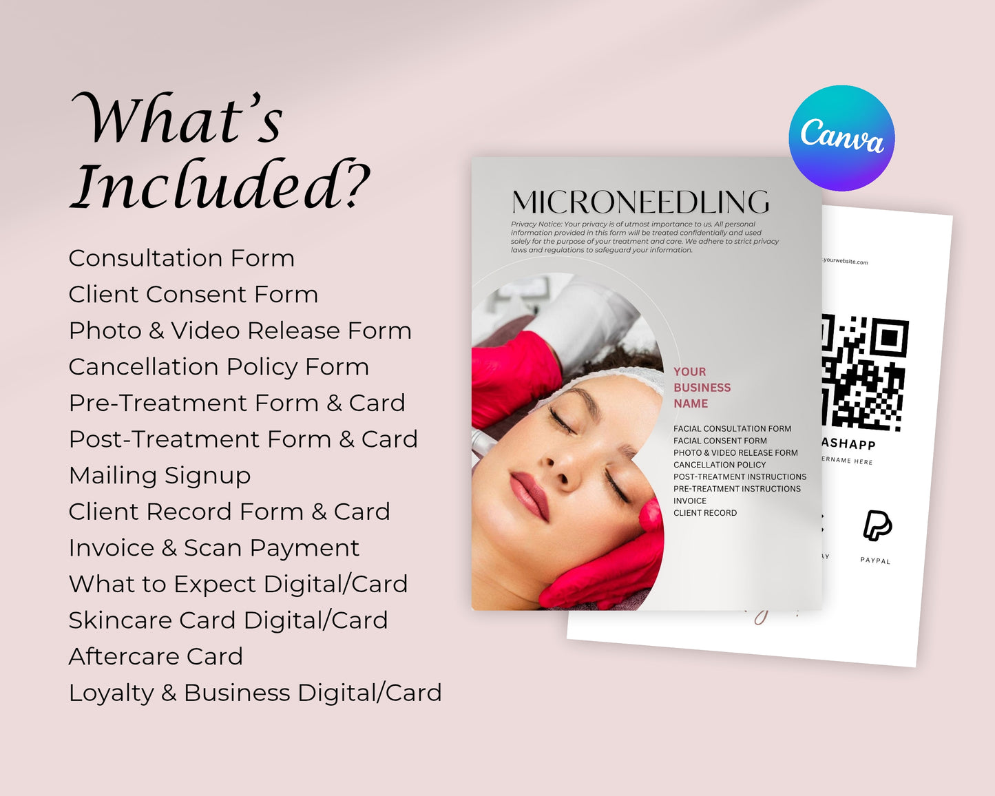 Microneedling Form, Consultation form, Client consent form, Loyalty Card, Business Card, Editable Canva templates, Aftercare Card