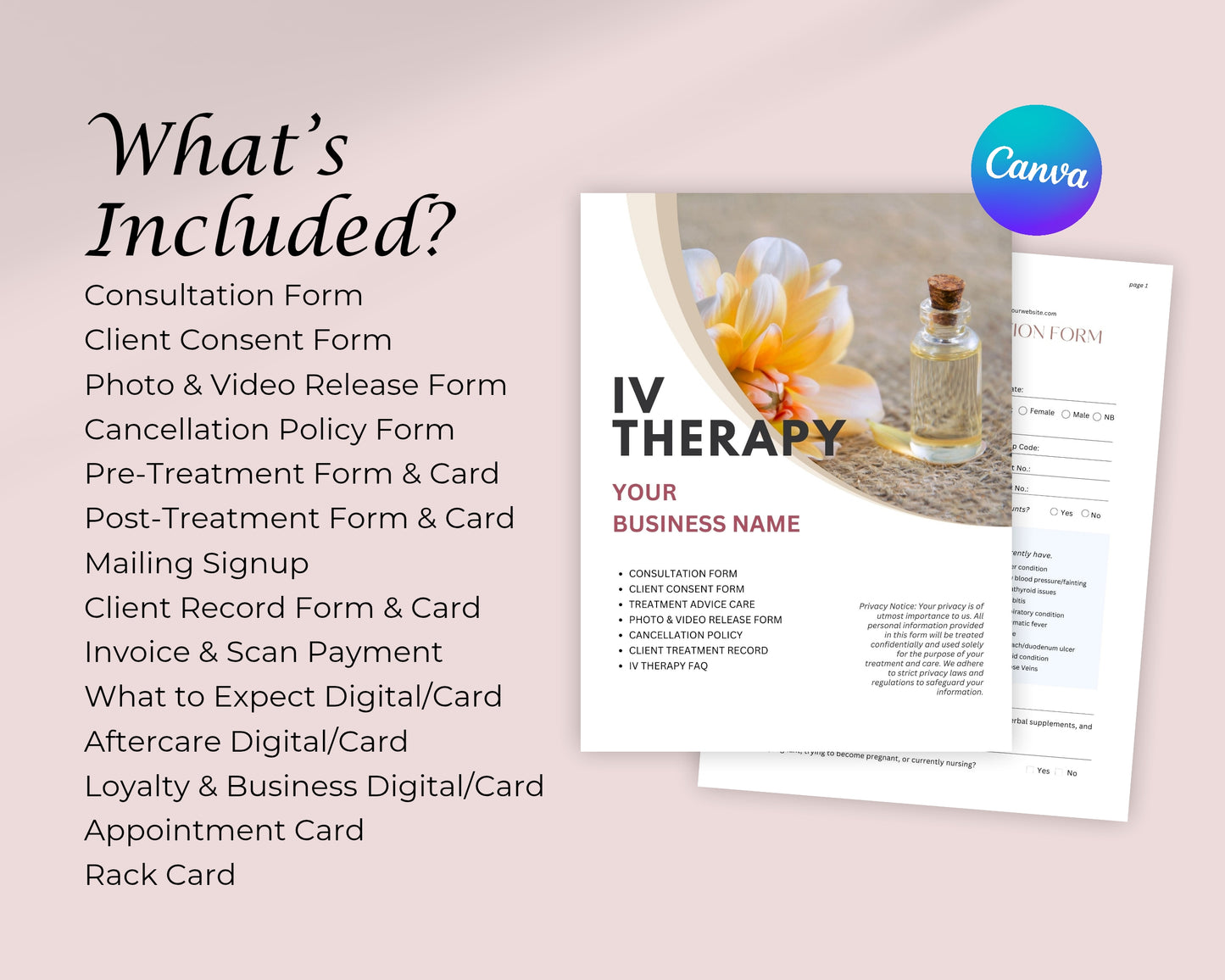 IV Therapy Form, Consultation form, Client consent form, Loyalty Card, Business Card, Editable Canva templates, Aftercare Card